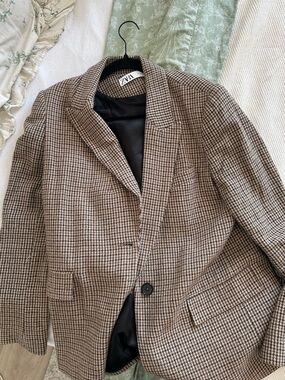 Zara Brown Houndstooth Single-Button Blazer